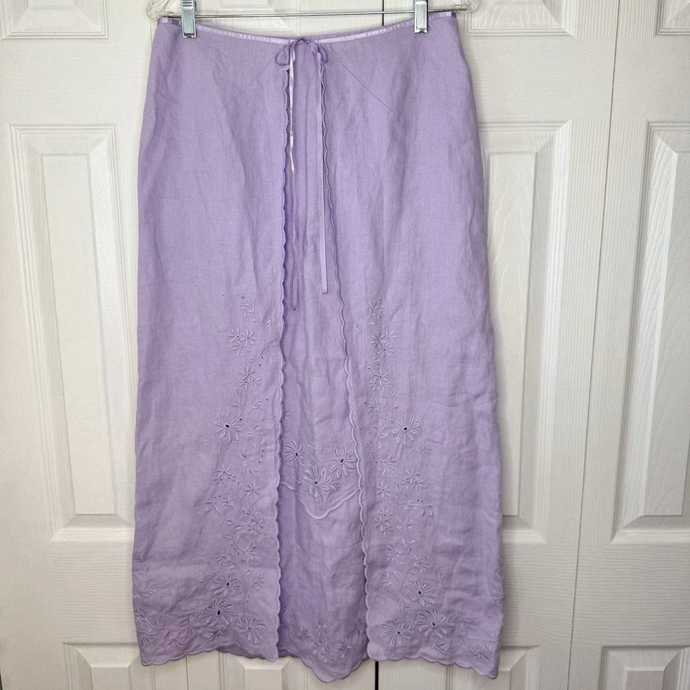 NWT J. Jill Linen Maxi Skirt Size 6 Lavender Purple Floral Embroidered Scallop
